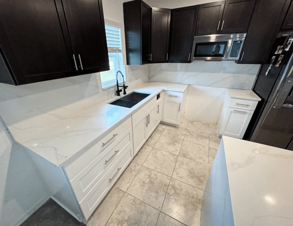 Calacatta Elysio quartz surface with distinctive natural veining