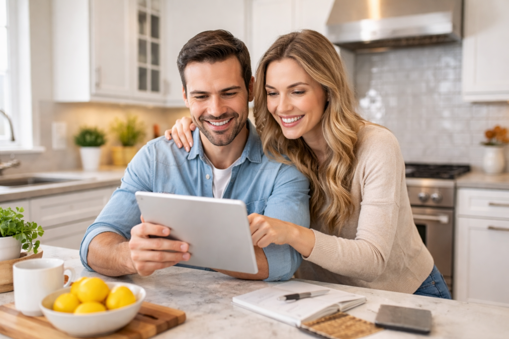 Couple designing their dream kitchen online using a tablet in their Gainesville, Florida home