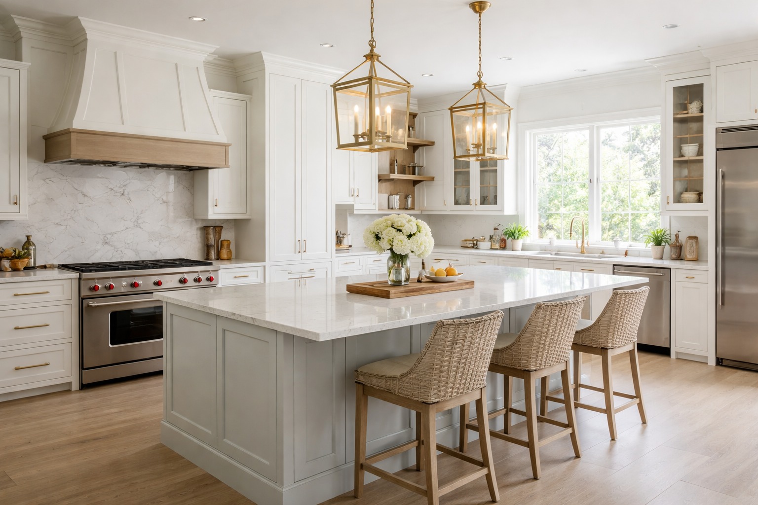 Cambria Inverness Everleigh quartz countertop on a kitchen island with soft gray veining