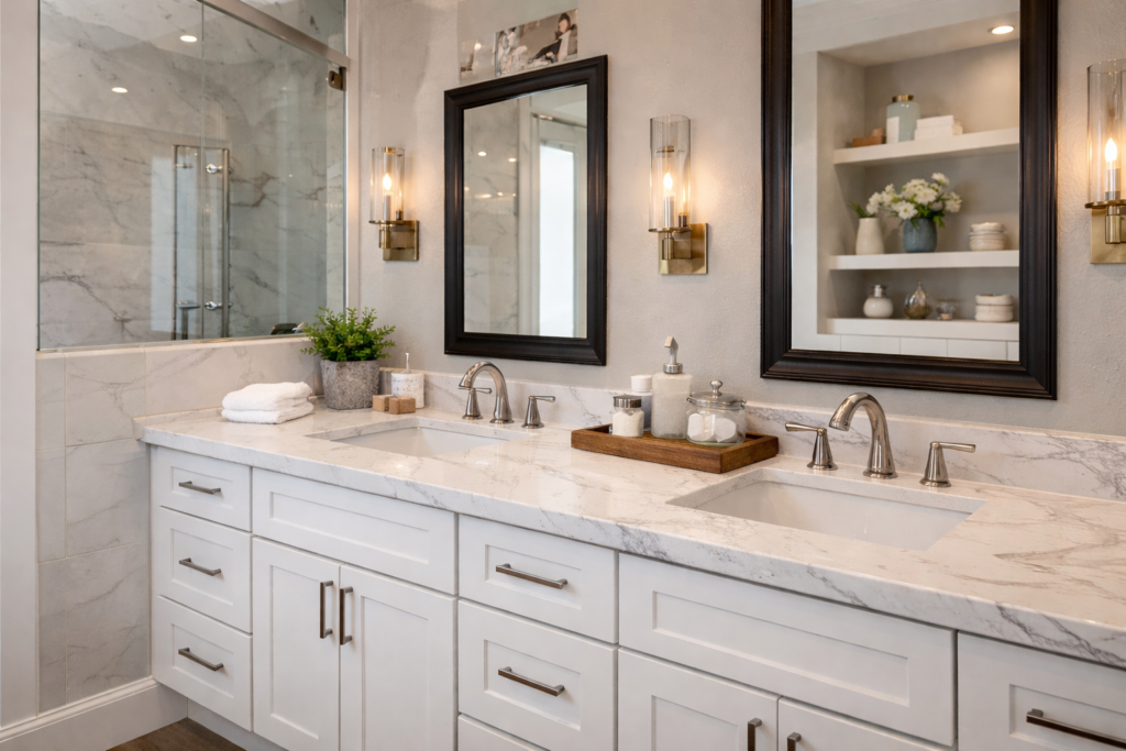 Bathroom remodel with new surfaces in Gainesville FL featuring custom stone countertops and modern shower walls