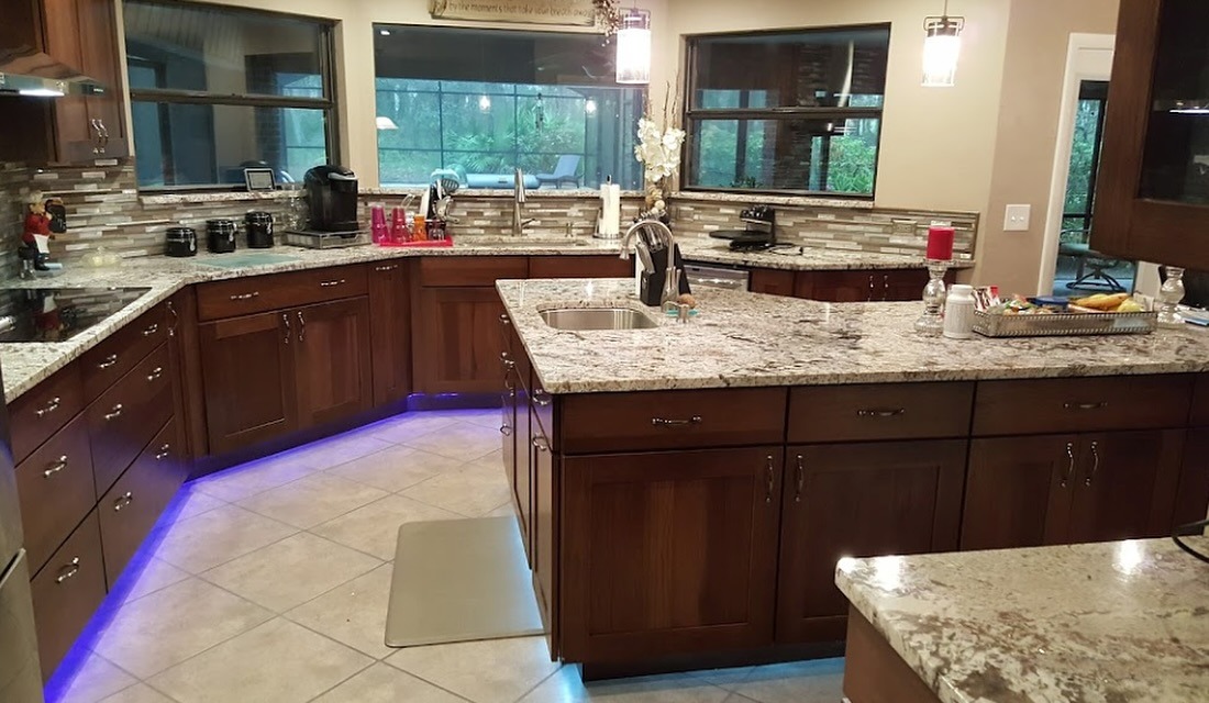 six-step countertop installation process shown from measurement to finished kitchen