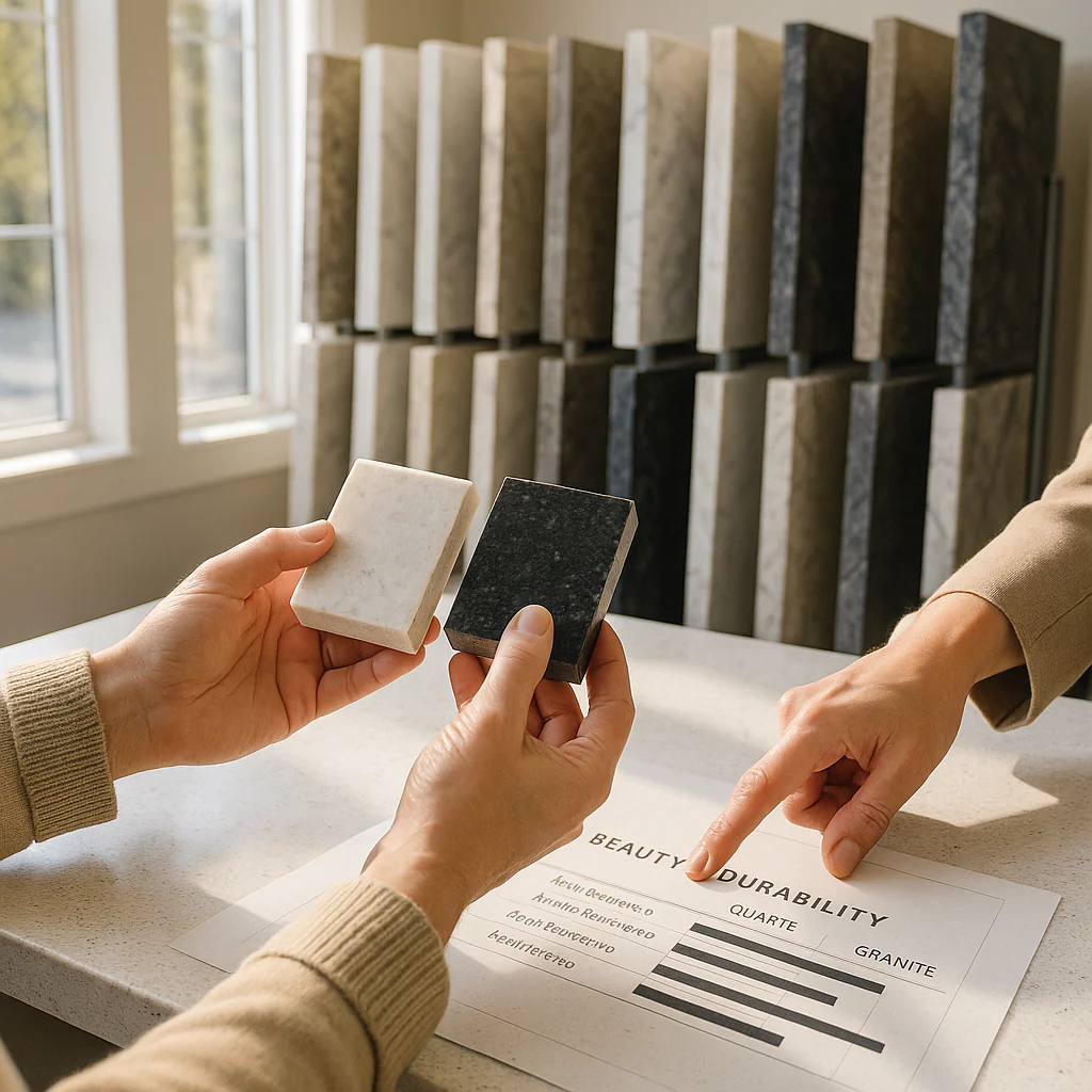 custom countertop design choices of material, texture, and edge profile laid out on a table