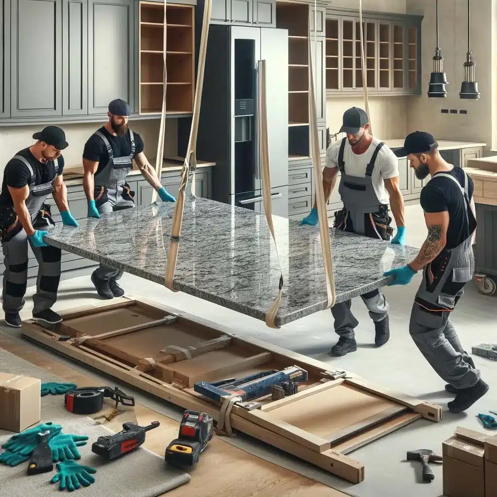 countertop installers Gainesville FL Jackson Stoneworks crew carrying granite slab install day