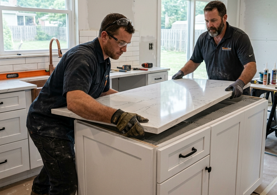 countertop installation Gainesville FL Jackson Stoneworks team setting stone slab in kitchen