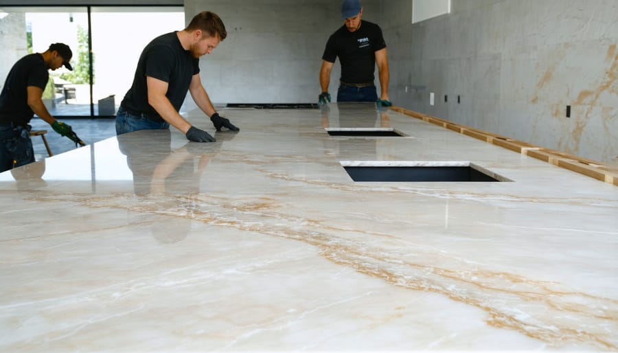 Quartz countertop installation process in a residential kitchen