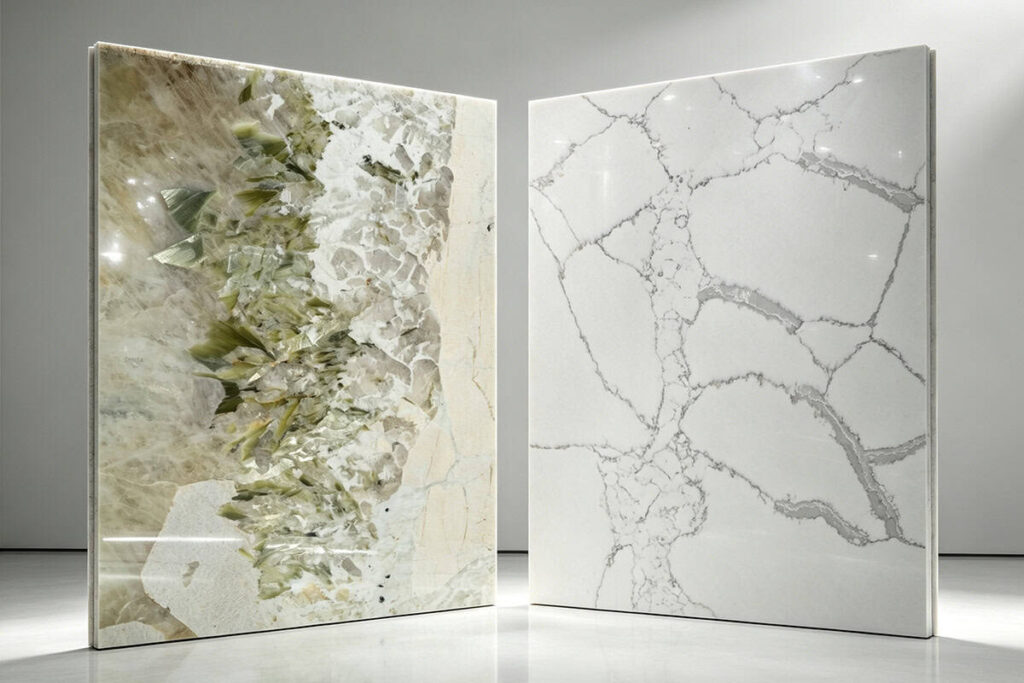 quartz vs quartzite countertops comparison slabs Jackson Stoneworks Gainesville FL showroom